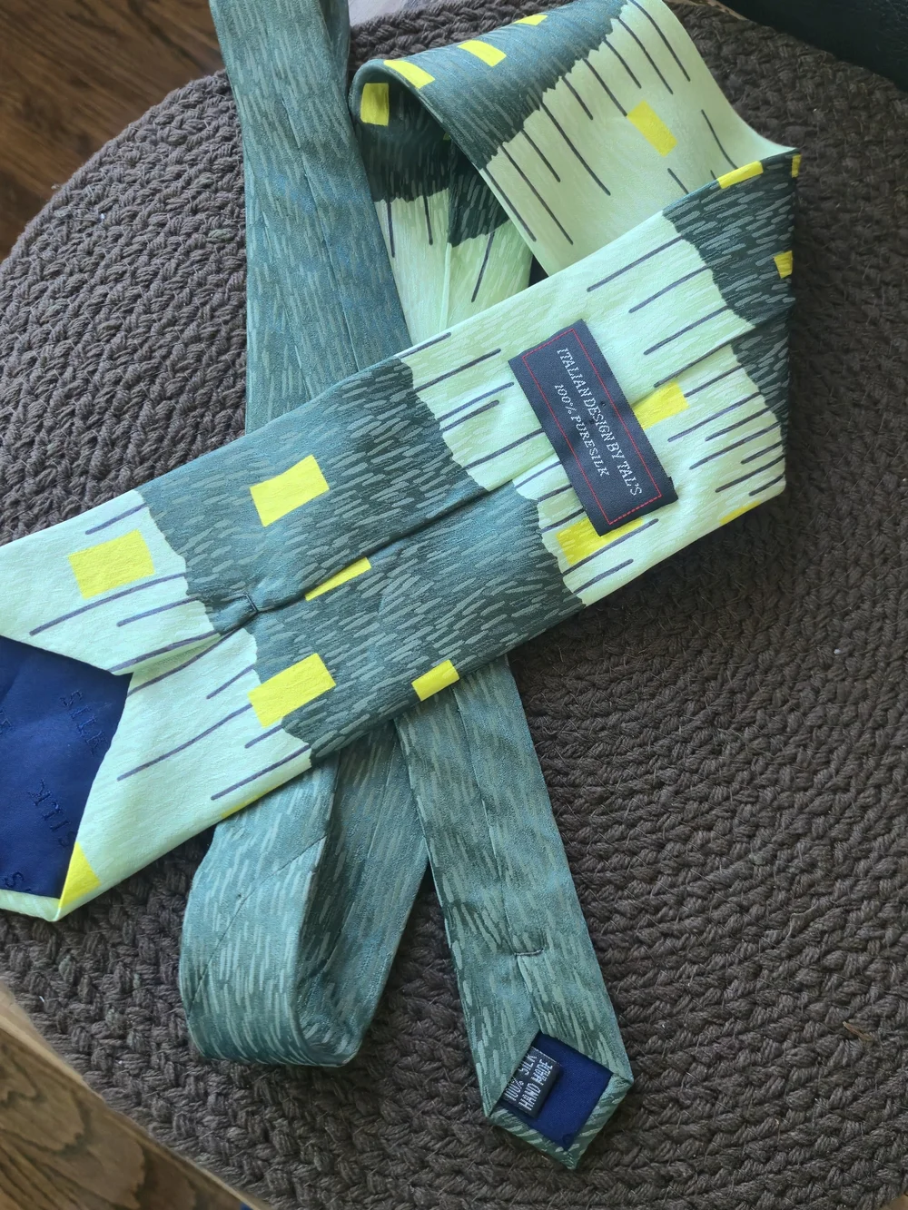 Italian Design By Tal's Vintage Geometric Green & Yellow Silk Tie